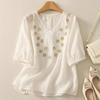 Women Summer V Neck Half Sleeve Floral Embroidery Casual Loose Blouse