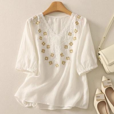 Blusa Casual Suelta de Verano para Mujer con Cuello en V, Media Manga y Bordado Floral