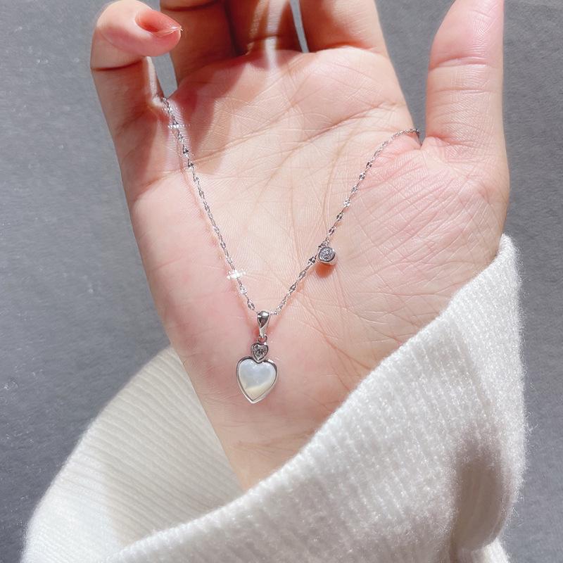 White Mother of Pearl Heart S925 Sterling Silver Necklace - Elegant and Versatile Clavicle Chain with a Niche Luxury Design for Women