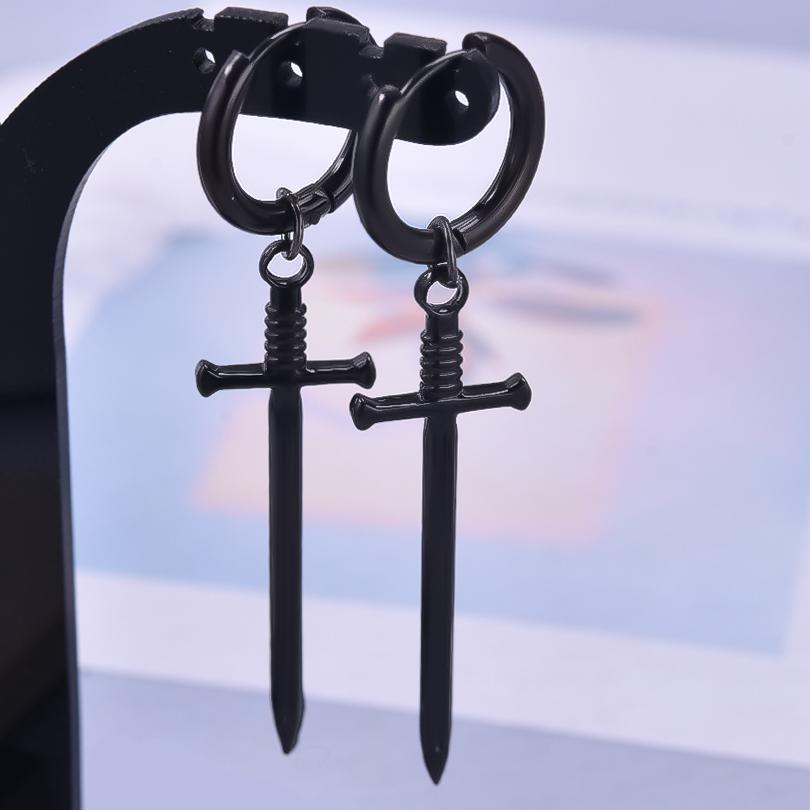 New All Black Hoop Sword Pointed Cone Pendant Earring Stainless Steel Earrings For Women Men Accessories Goth Steampunk Jewelry