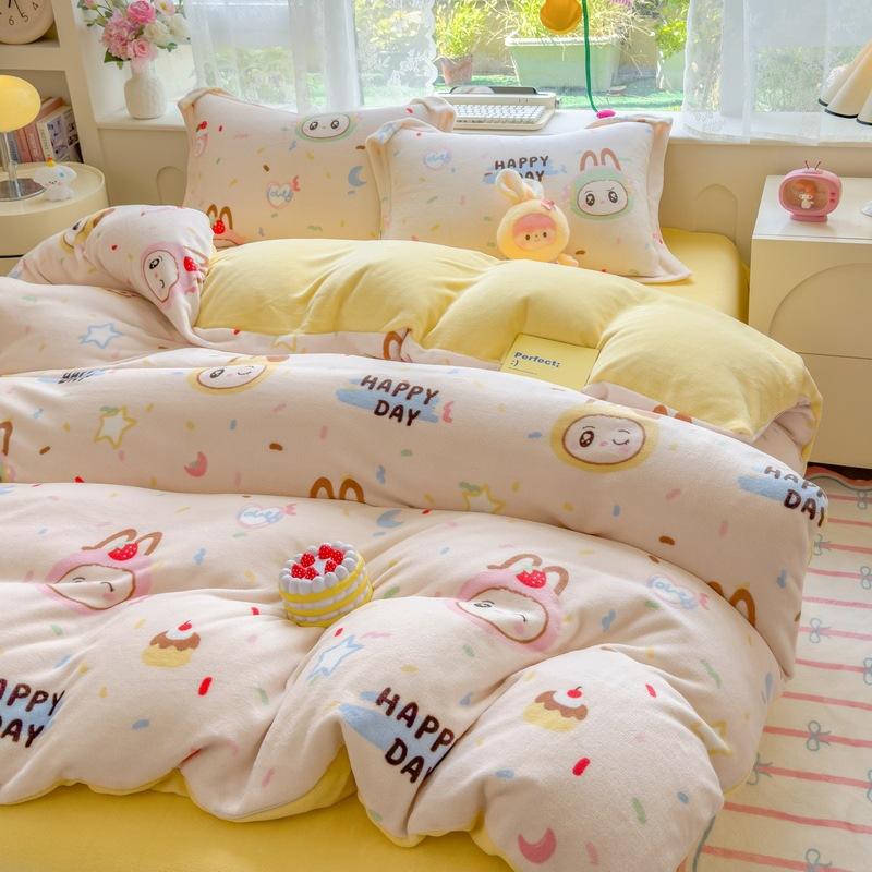 Thickened Milk Fleece Four-Piece Set, Coral Flange Double-Sided Fleece Quilt Cover, Bed Sheet, Bed Hat Three-Piece Set