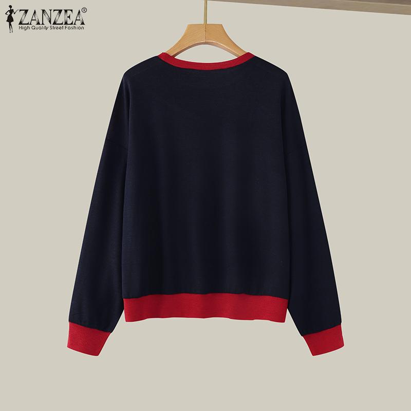 ZANZEA Women Casual Round Neck Long Sleeve Color Block T-Shirts