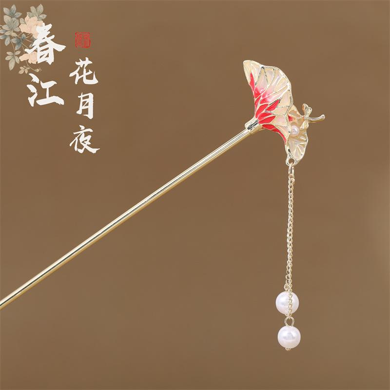 Elegant Flower Tassel Hairpin For Women Handmade Dripping Oil Pearl Butterfly Hair Stick Hanfu Cheongsam Dress Hair Accessories