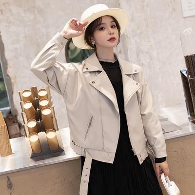 Chaqueta de cuero para motocicleta de nuevo estilo para mujer, traje de otoño, cuello de solapa, estilo BF, chaqueta de cuero pu guapa, abrigo corto, tendencia de Instagram