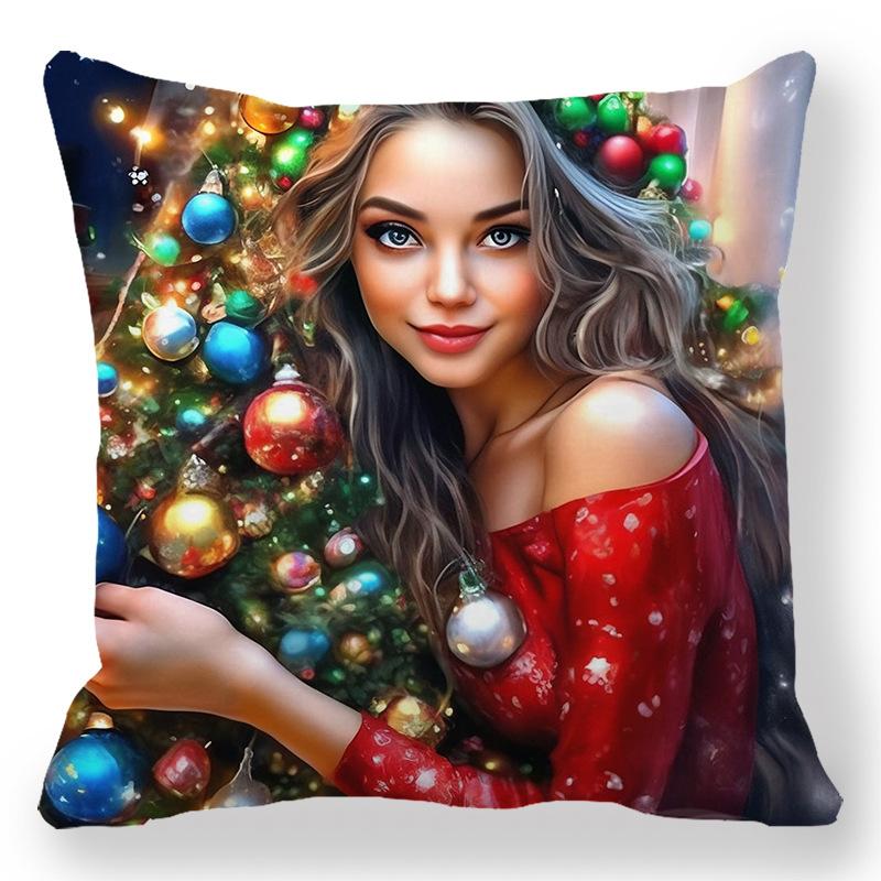 Christmas Cartoon Oil Painting Theme Digital Printing Short Plush Pillow Covers For Car Sofa Office Cushion Cover Home Goods