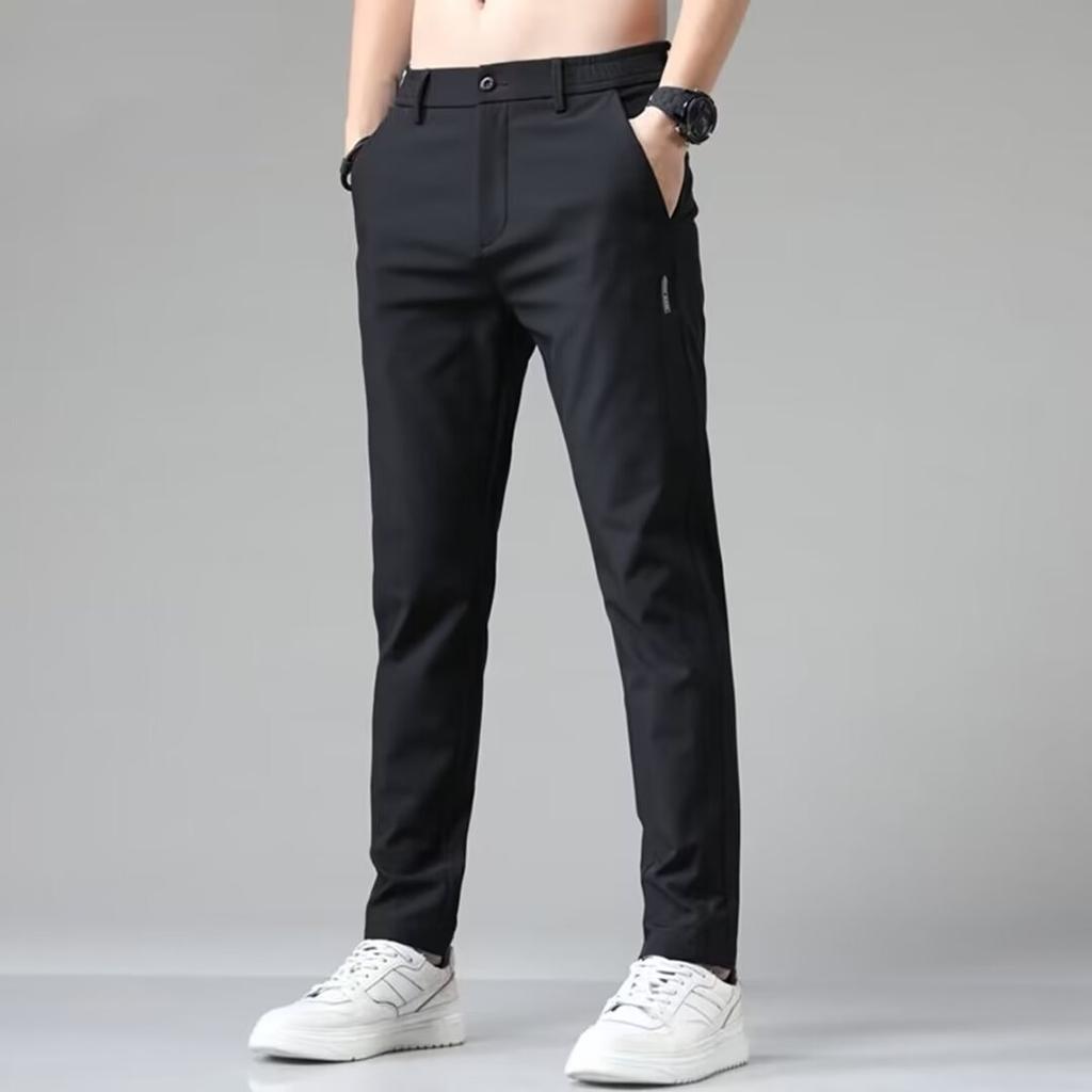 Ultra-thin Elastic Men's Casual Trousers Summer Quick-drying Ice Silk Slim Straight Business Solid Color Trousers Black Gray