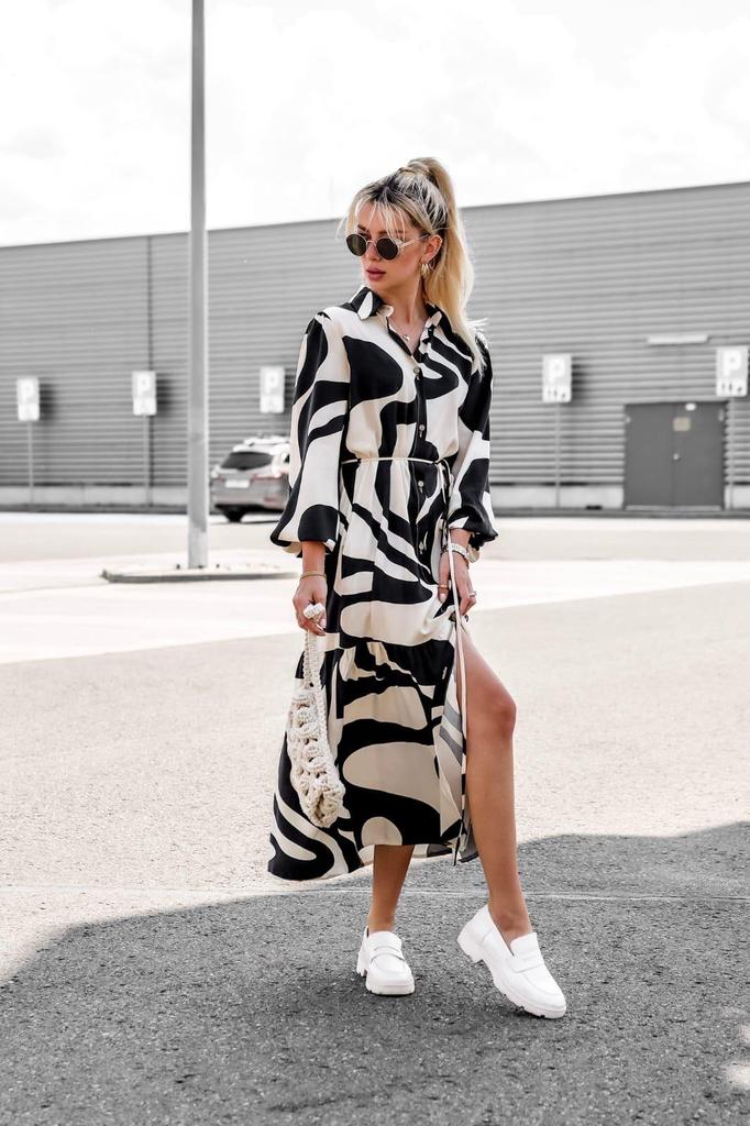 2023 European & American Style Printed Shirt Dress with Pockets - Casual Autumn Long Skirt with Tie