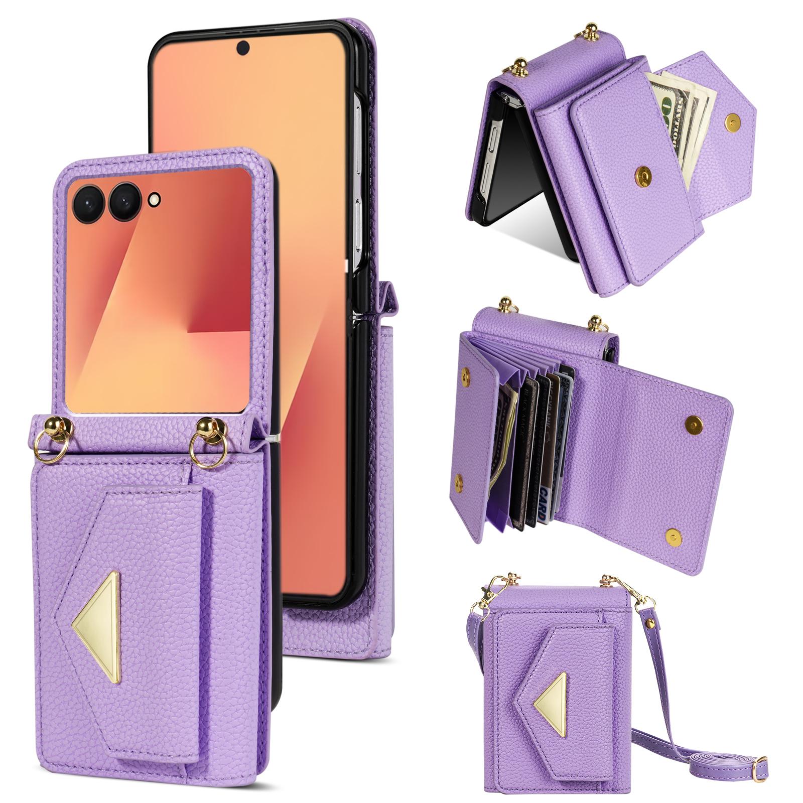 

For Samsung Galaxy Z Flip7 5G Case Card Slots PU+PC Phone Cover with Long Strap Purple