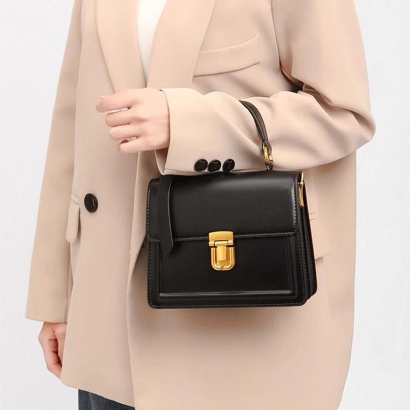 JIAERDI Retro Black Lock Handbag Women Leather Square Small Capacity Shoulder Bag Ladies Fashion Minimalist Design Crossbody Bag