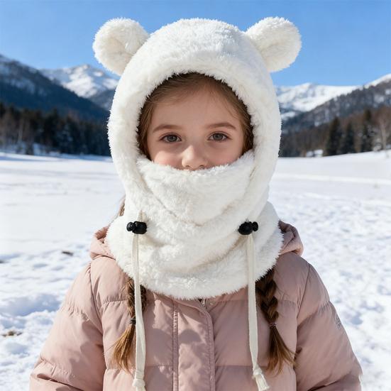 Yousheng Kinder-Skimütze, einfarbig, mit Bärenohren-Dekor, 3-in-1-Gesichtsschutz, Schal, Kopfbedeckung, winddichte Fleece-Kopfbedeckung für kaltes Wetter mit verstellbaren Kordeln