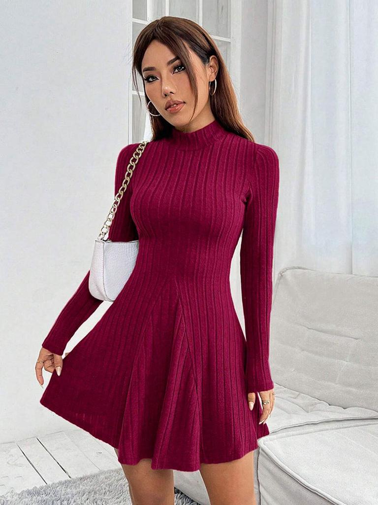 European & American Spring/Summer Slim Fit A-Line Ribbed Dress with Half High Neck & Long Sleeves