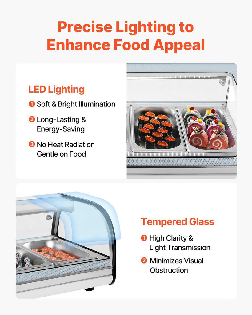 Sushi Display Case Refrigerator, 52L Commercial Sushi Case, 5-Pan Countertop Showcase with Curved Glass, LED Lighting, and Digital Temperature