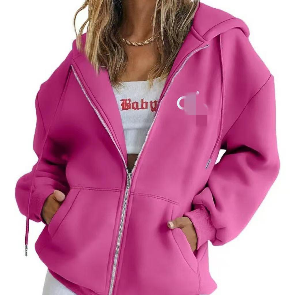 Cross-border Embroidered Zipper Hoodie with Drop Shoulder and Kangaroo Pocket