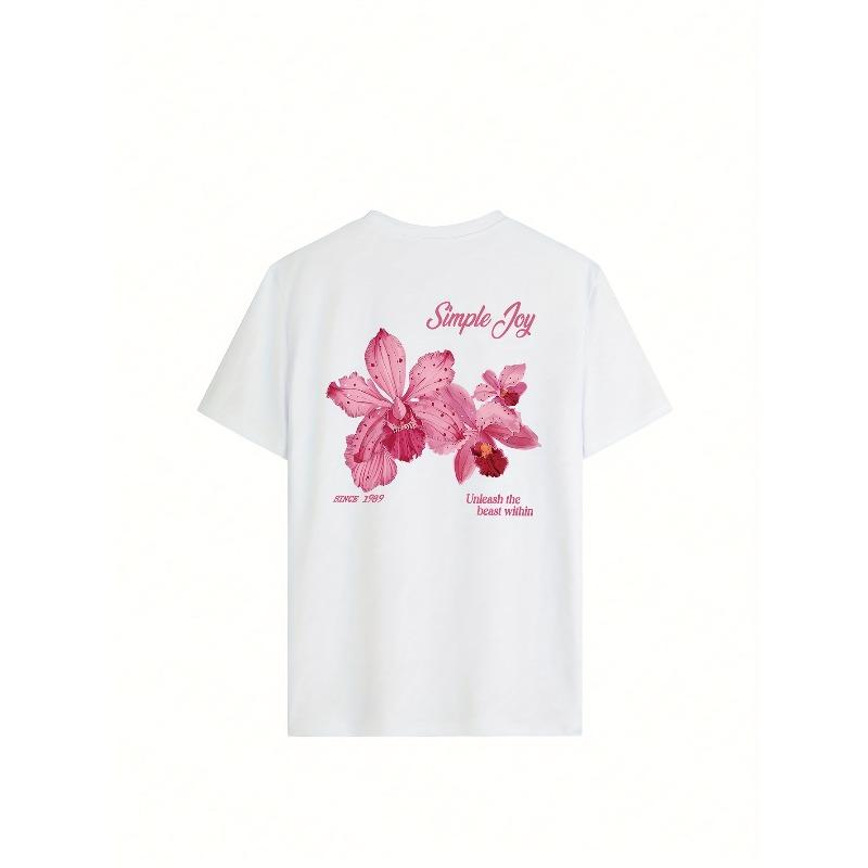 Womens Summer New Floral Letter Print Tee Round Neck Short Sleeve Loose Casual Versatile Top