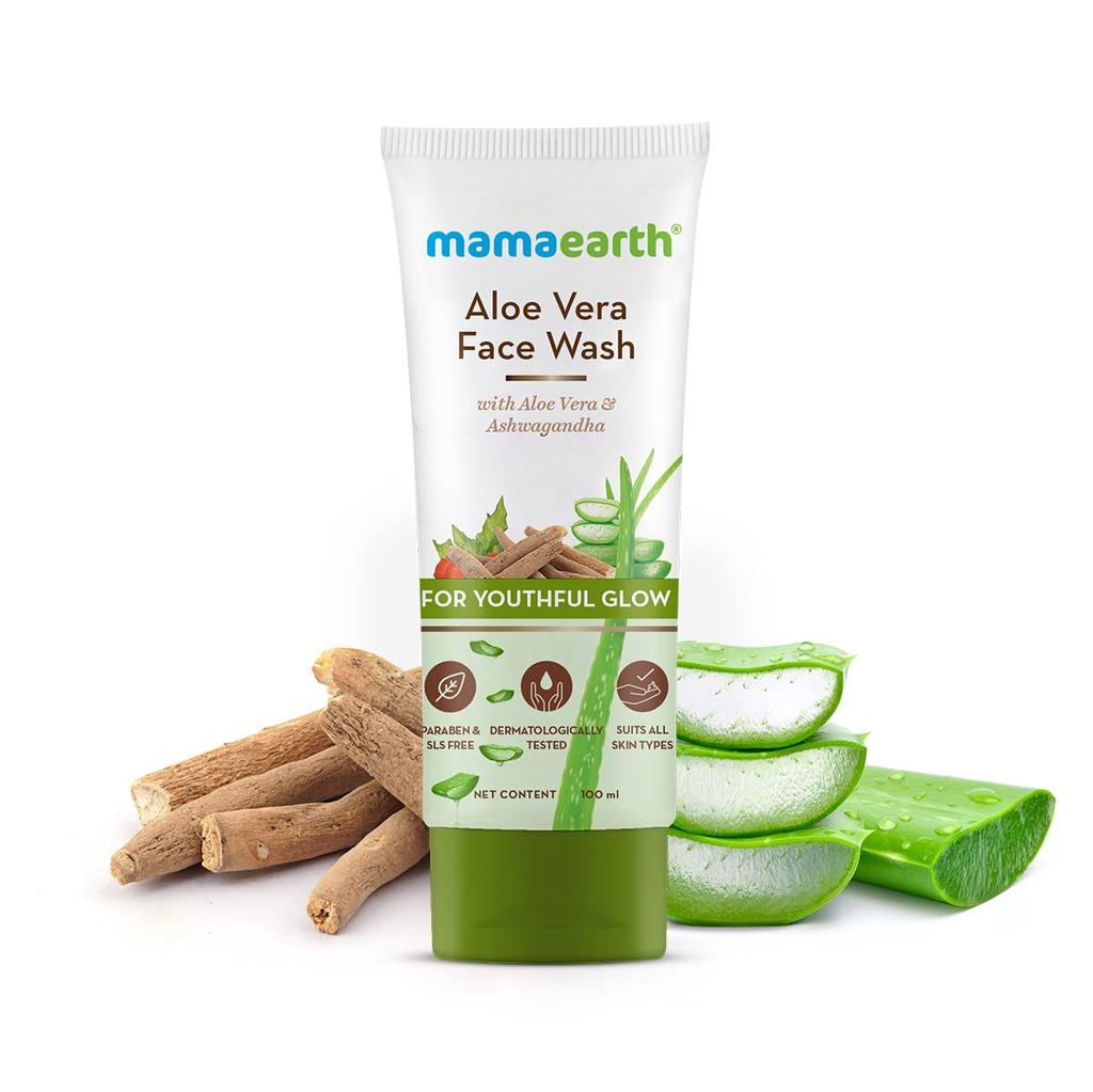 Mamaearth Nettoyant Visage à l'Aloès Vera avec Aloès Vera & Ashwagandha pour un Éclat de Jeunesse - 100 ml