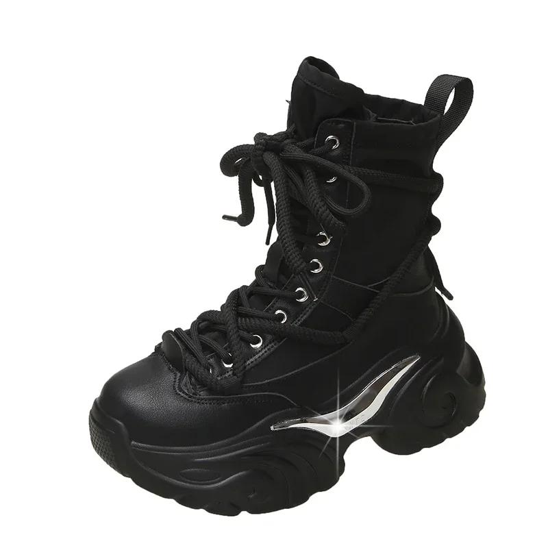 

Модные мотоциклетные ботинки на толстом каблуке 7,5 см, новые женские осенне-зимние кожаные ботильоны, женские ботинки-платформы на толстой подошве, короткие ботинки-комбаты 35 чёрный