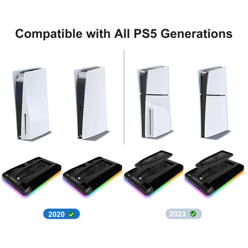Cooling Stand for PS5/PS5 Slim/PS5 Pro with Headphone Hook and 3-Level Cooling Fan Controller Charging Station Gaming Consoles
