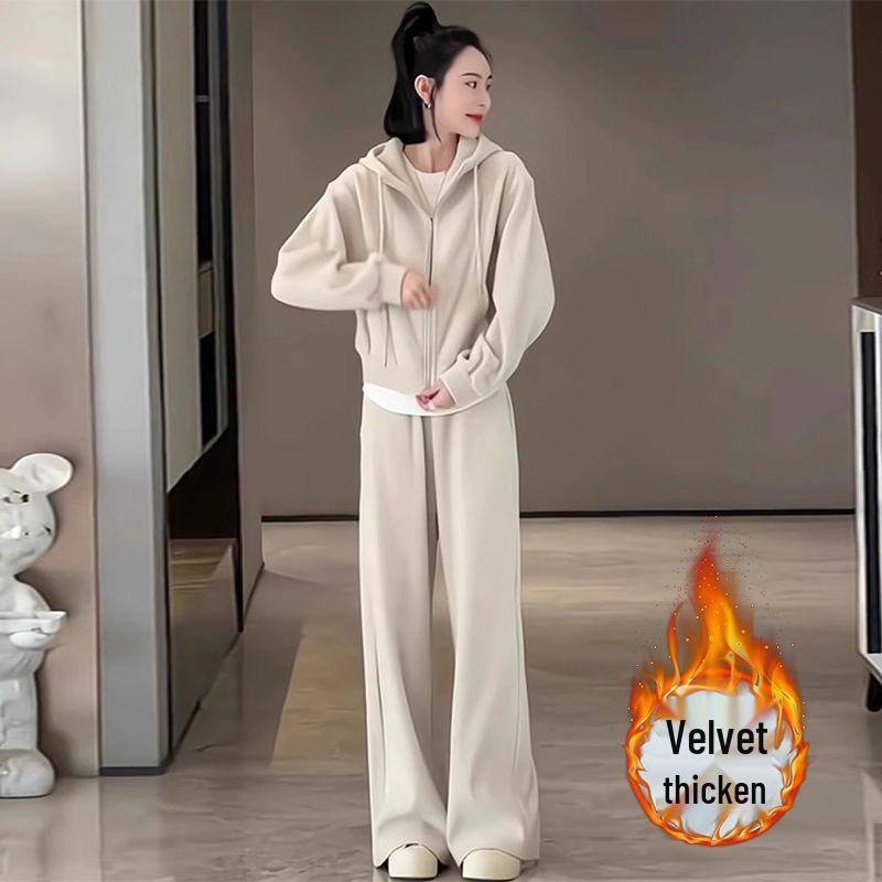 Conjunto de Ropa Deportiva para Mujer con Forro Polar: Sudadera con capucha y pantalones de pernera ancha para otoño/invierno casual y para correr.