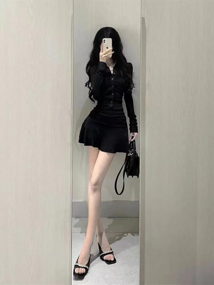 Pure waist pleated short shirt dress women's autumn American sports style polo collar waist age-reducing umbrella skirt
