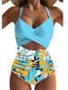 European American Color Block Spliced Cutout One-Piece Swimsuit with Adjustable Cross Tie-Up.