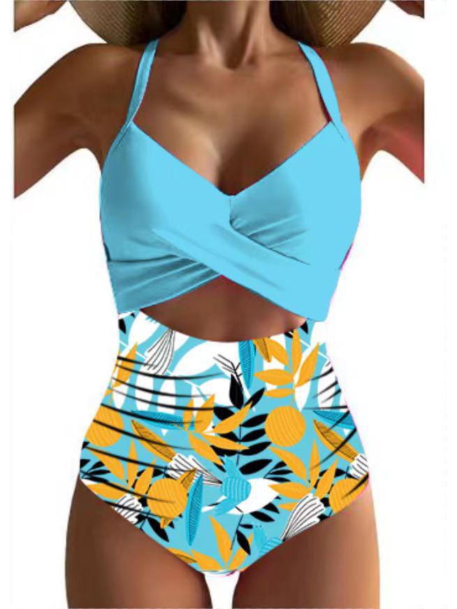 European American Color Block Spliced Cutout One-Piece Swimsuit with Adjustable Cross Tie-Up.