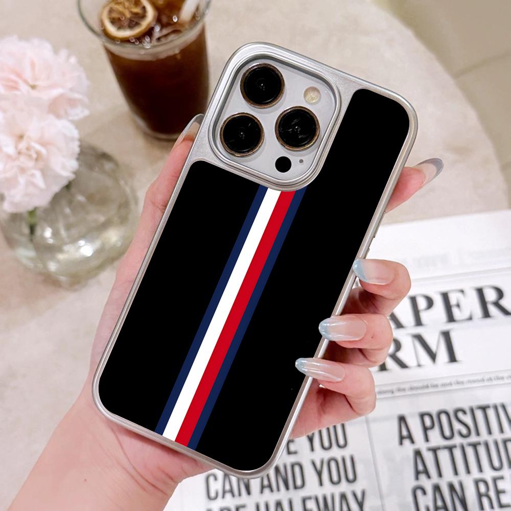 Red Blue Stripe Mobile Phone Case for iPhone 17 16 15 14 13 12 11 Air Pro Max Plus Silver Plating Colorful Cover Luxury Pretty