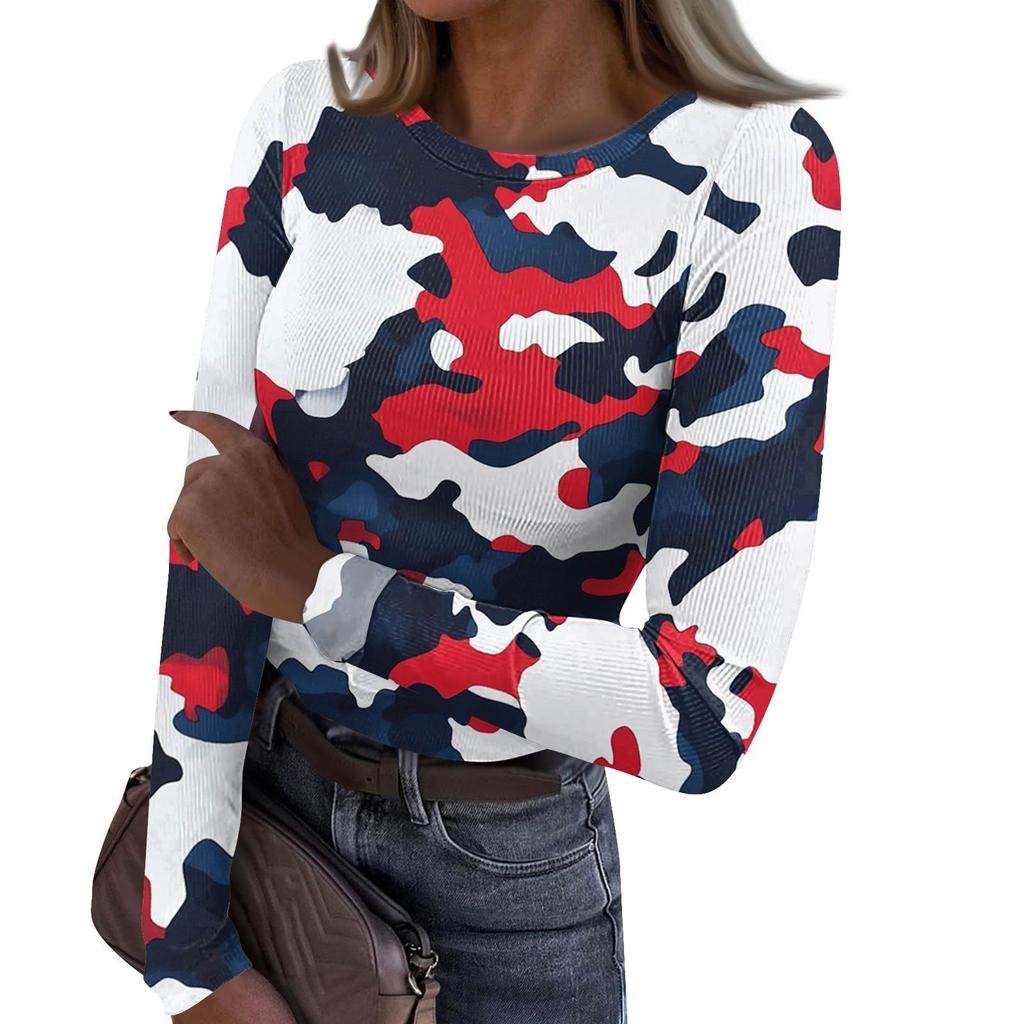 Dámské A Zimní Slim Spodní Tričko Módní Ležérní Gradientní Potisk Kulatý Výstřih Pulovr Dlouhý Rukáv Top