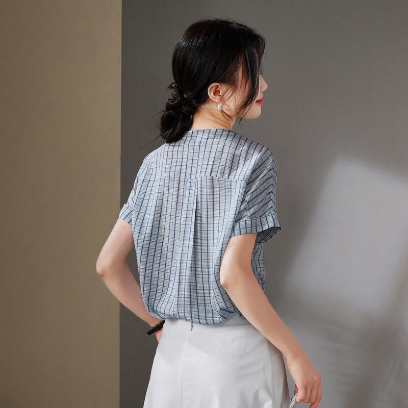 SOFSIL Women's Silk Plaid Round Neck Short Sleeve Blouse