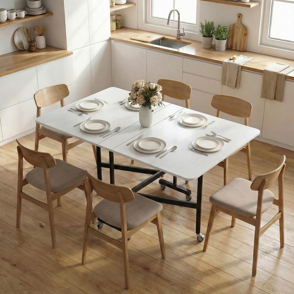Folding Dining Table on Wheels, for 4-6, 120 cm, Wheels with Brakes, 2 Drop Leaves, White/Black