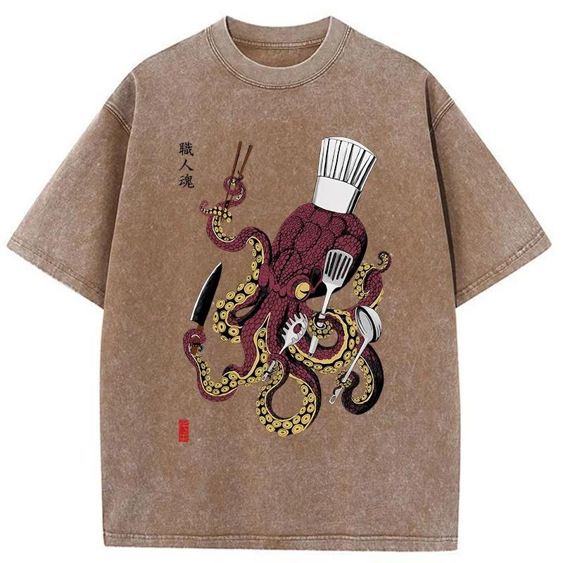 Japanese Style Octopus Chef Washed T-Shirt Summer Short Sleeve O-Neck Tees Casual Loose Holiday Oversized Chic Tunics