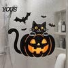 Reusable Window Clings for Store Display Halloween Pumpkin Wall Sticker, Black Cat on with Flying Bats Decal, Waterproof Glass Peel And Stick Sticker