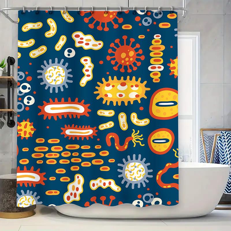 Modern Bathroom Shower Curtain featuring Microbes Pattern Blue Backdrop with Red, Yellow White Stripes Decorative Waterproof Fab