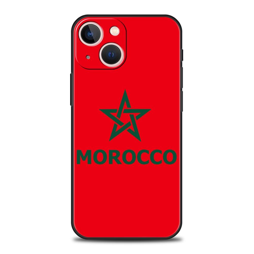Morocco Flag Soccer Luxury Protection Soft Phone Case For iPhone 13 15 14 12 11 Pro MAX XR X SE XS 7 8 Plus Black Full Cover