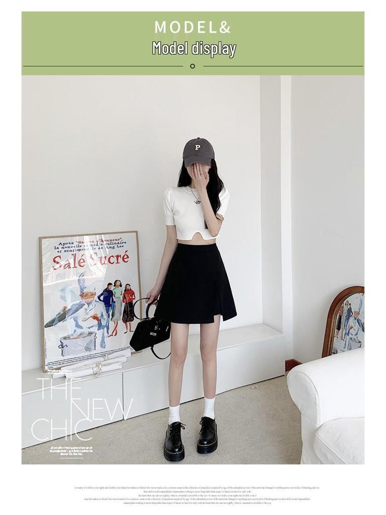 2024 Summer Plus Size High-Waist A-line Skort - Black Midi with Slit
