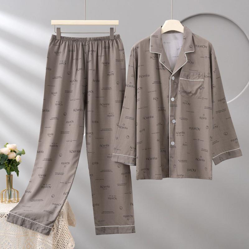Men's Cotton Silk Long Sleeve Pajama Set, Plus Size, Cardigan, Wear Outdoors, Internet Trend, Pure Cotton, Simple & Comfortable Homewear