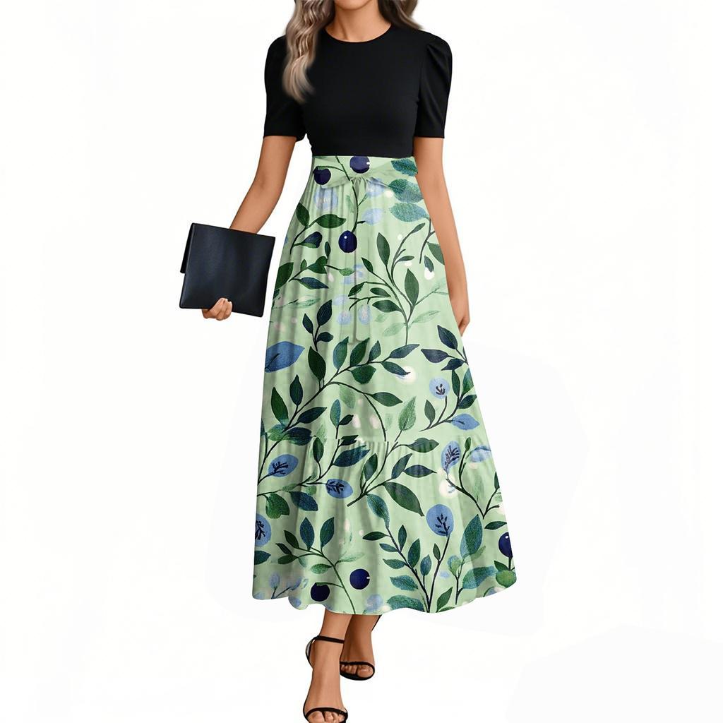 Women's Fashion Casual Belt Short Sleeve Round Neck Retro Printed Splicing Elegant Temperament Dress