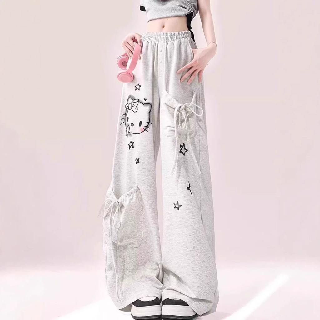 Girls Street Graffiti Cartoon Personality Straight Pants Middle and Older Children's Summer New Solid Color Drawstring Pocket Wide Leg Pants Tide
