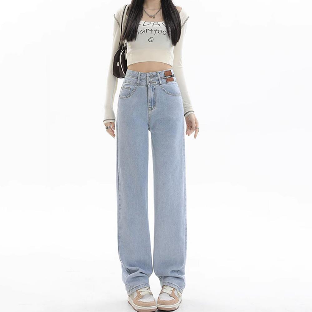 

Универсальные джинсы светлого цвета осень новые с высокой посадкой драпировка свободные прямые маленькие моппинг широкие штаны 2XL светло-синий