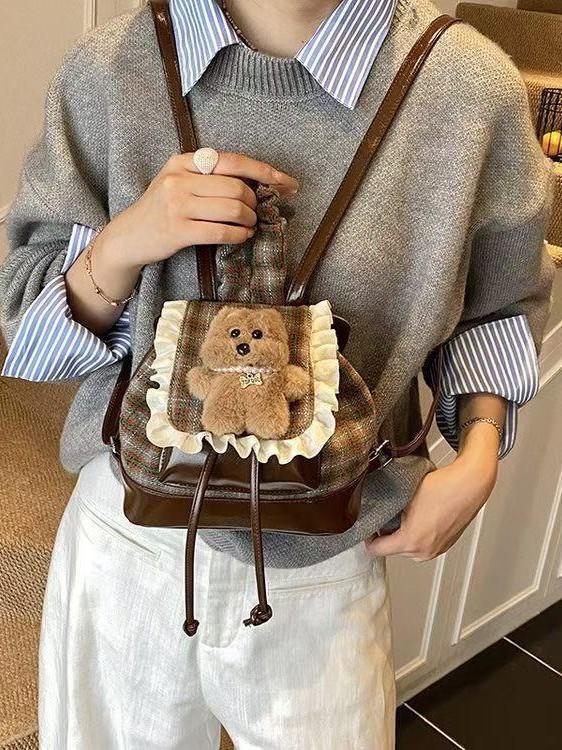 Korean Flannel Pattern Bear Backpack For Casual Daily Use