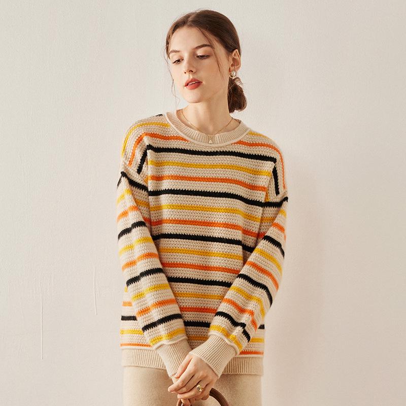 Striped Color Block Women's Drop Shoulder Cashmere Pullover Sweater