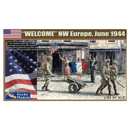 

Gekko Model 1/35 Scale Welcome! Figure Set, US Army Northwest Europe, June 1944, 6 Figures with Cart, Plastic Model Kit, GEC35GM0044