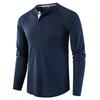 T-shirt Henley gaufré uni pour homme de style européen et américain, t-shirt à manches longues, haut à col rond boutonnable