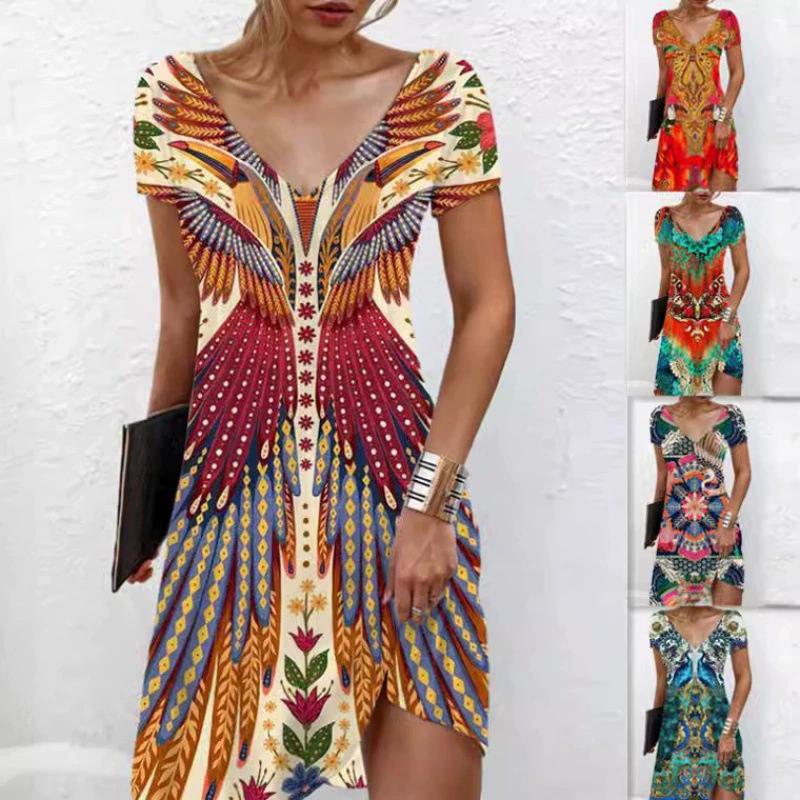 Women's Summer Midi Dress V-Neck Short Sleeve A-Line Dress Loose Print Irregular Hem Boho Dress
