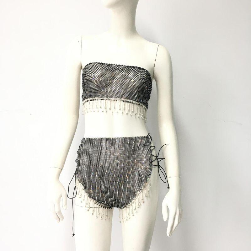 

Одежда для музыкального фестиваля, комплект из жилета и шорт со стразами, блестящий наряд для ночного клуба или бара с бахромой, кружевные брюки на шнуровке Black L