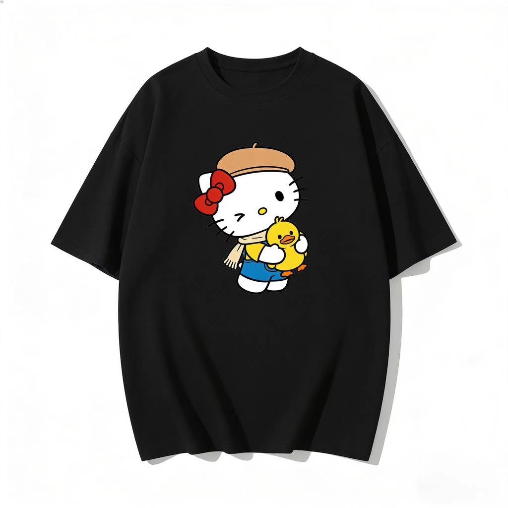2026 New Summer HelloKitty Cute Graphic Tee Casual Short Sleeve Cotton Top for Women Girls Kawaii Cartoon Print Streetwear
