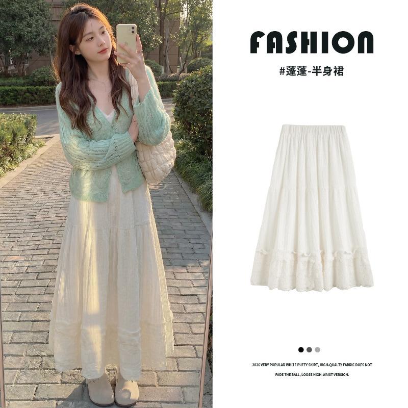 White skirt women's summer high-waisted A-shaped swinging umbrella skirt medium long tall organ lace fluffy skirt