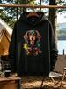 Men'S Black Pullover Hoodie Loose Street Style Kangaroo Pocket Cute Dachshund Splatter Print Casual Style. Fun Casual Gift. Outdoo