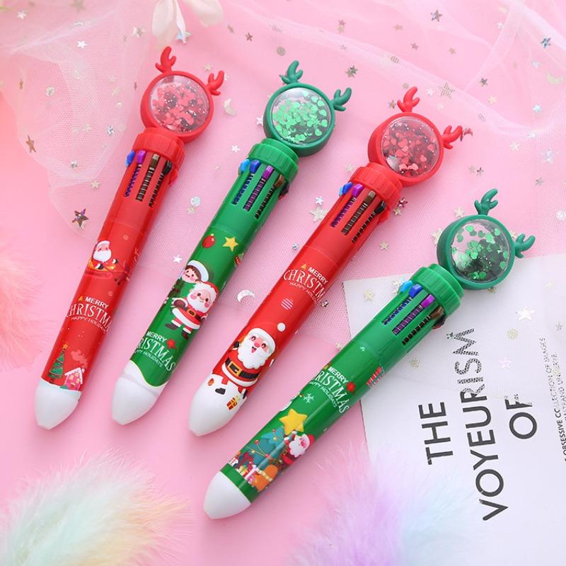 15Pcs Christmas Multi Retractable Pen, Back to School Student Stationery, Cute Elk Sequins Decorated Multi Pen, Merry Christmas Pen Office Supplies an