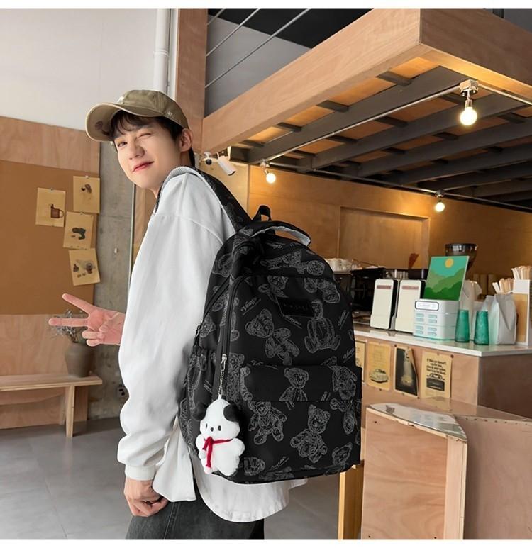 Cartoon Print Cute Bear Unisex Laptop Backpack For College High School Students Waterproof Nylon Material