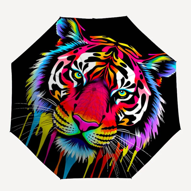 1pc Colorful Tiger Face Automatic Folding Umbrella - Portable 3-Fold Design, 8-Bone Iron Frame Outdoor Umbrella, Perfect Festival Gift for Fans,